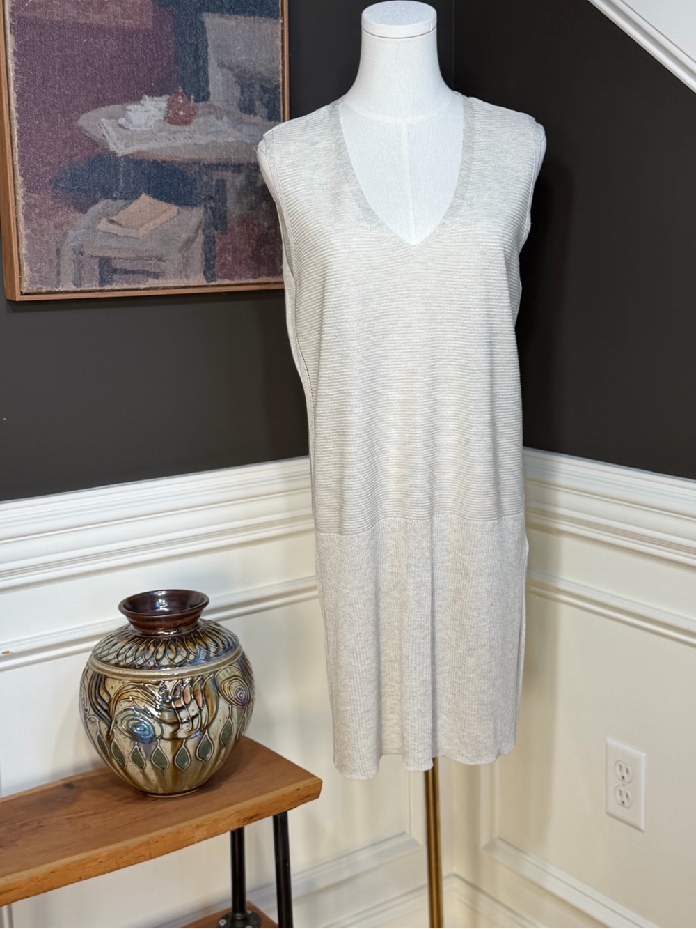 White House Black Market Minimalist 2010s Oatmeal Knit Sleeveless Dress (EUC)